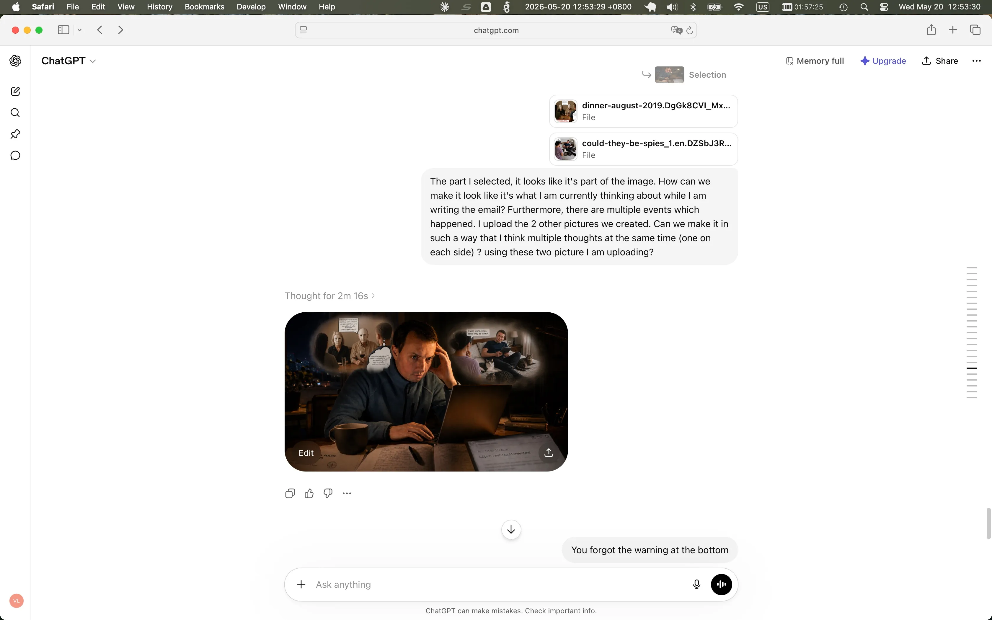 Screenshot of the ChatGPT conversation: I have just uploaded two earlier AI-generated illustrations as references (file names visible: dinner-august-2019 and could-they-be-spies_1) and typed a request asking ChatGPT to add my thought process as thought-bubbles on either side of the central figure. ChatGPT's response, below the prompt, is the resulting composite image.