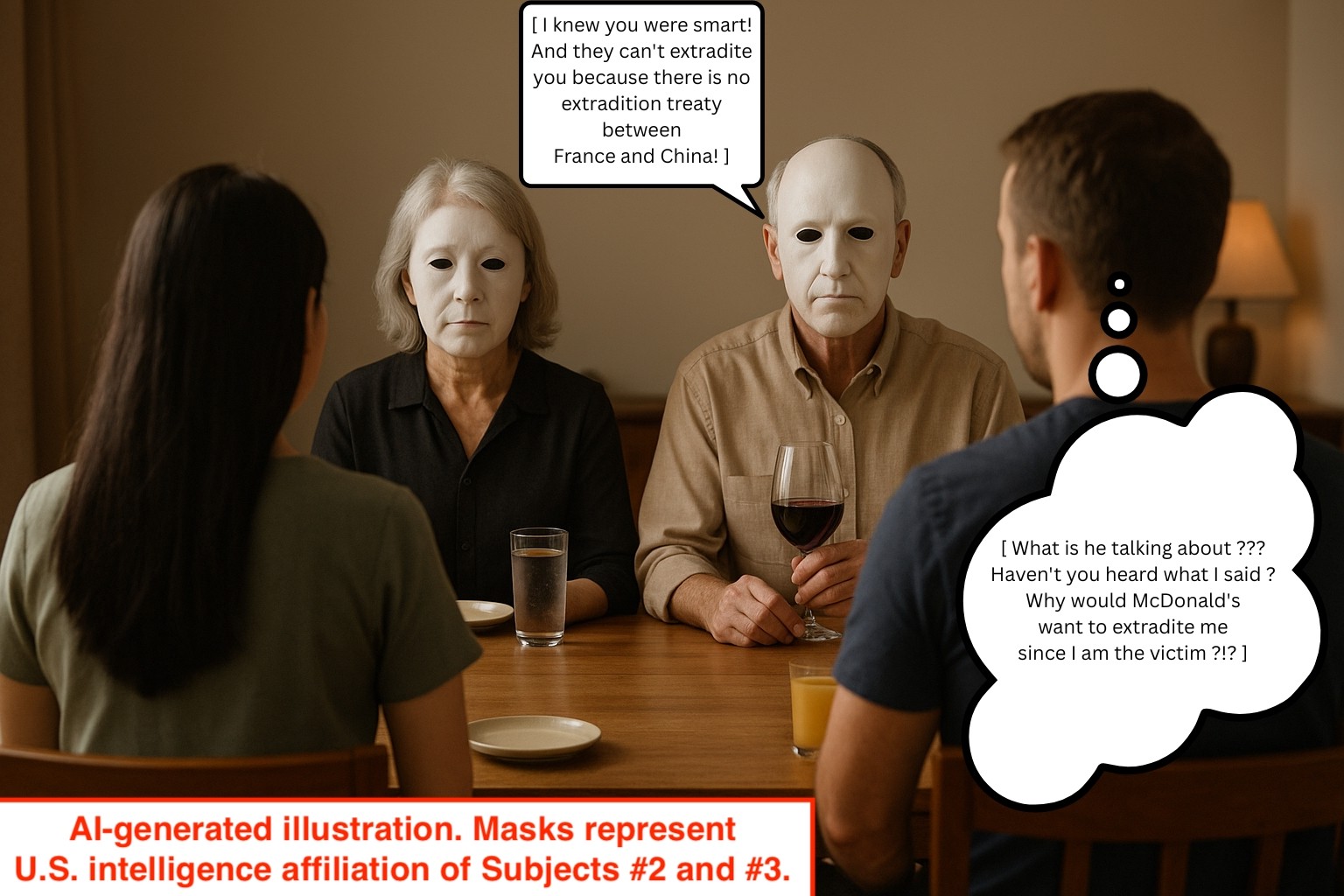 AI illustration: younger couple seen from behind faces older couple wearing masks symbolizing U.S. intelligence affiliation.